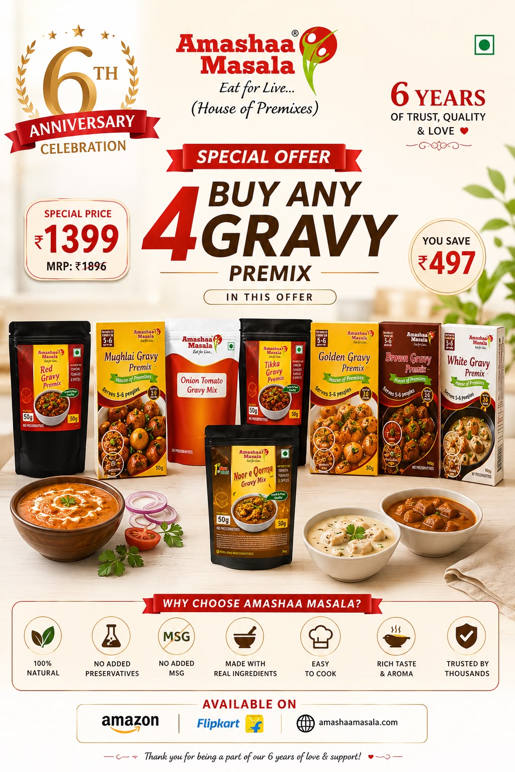 Amashaa Masala 6th Anniversary Special | Buy Any 4 Gravy Premix Packs | Mix & Match | Premium Curry Base | ₹1399 Only