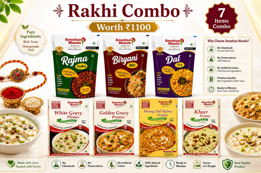 Amashaa Masala Rakhi Special Combo Pack (7 Items) | Rajma Tadka, Biryani Mix, Dal Fry, White Gravy, Golden Gravy, Moong Dal Halwa & Kheer Premix | Worth ₹1100